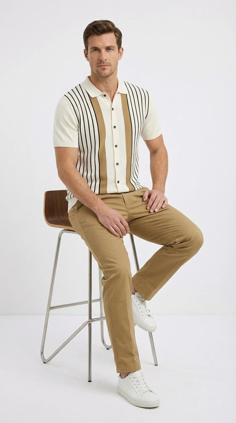 Mens Cream and Tan Striped Walking Suit Set – Casual Summer Short Sleeve Shirt and Pants Outfit for Vacation, Travel and Everyday Wear