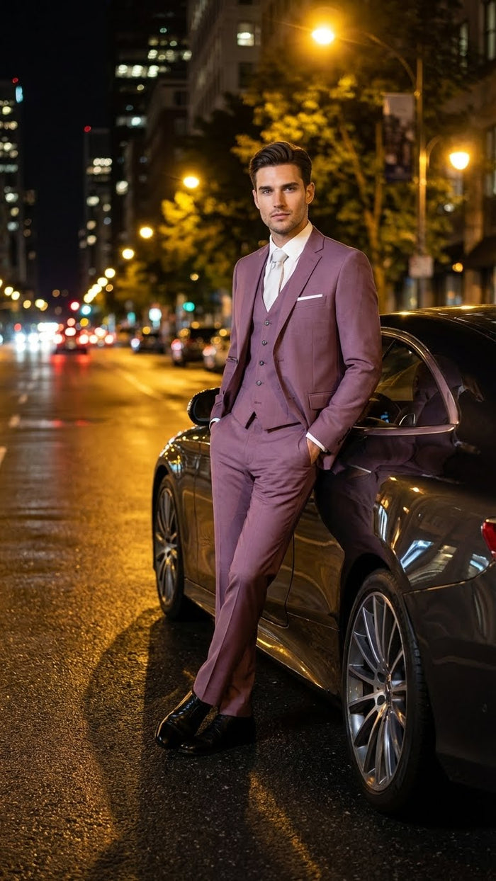 Men’s Mauve Three-Piece Suit - Slim Fit Formal Blazer, Vest, and Trousers for Weddings Rose Gold Pinkish Color USA Men's Outlet