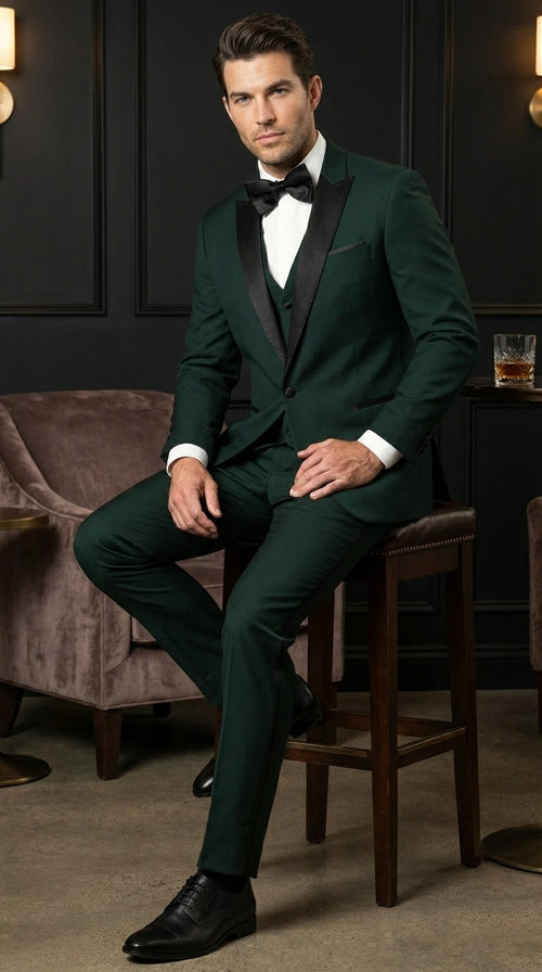 Men’s Hunter Green Tuxedo Suit 3 Piece – One Button Peak Lapel Designer Formal Suit for Wedding,  Light Weight Wool By Statement Dark Green