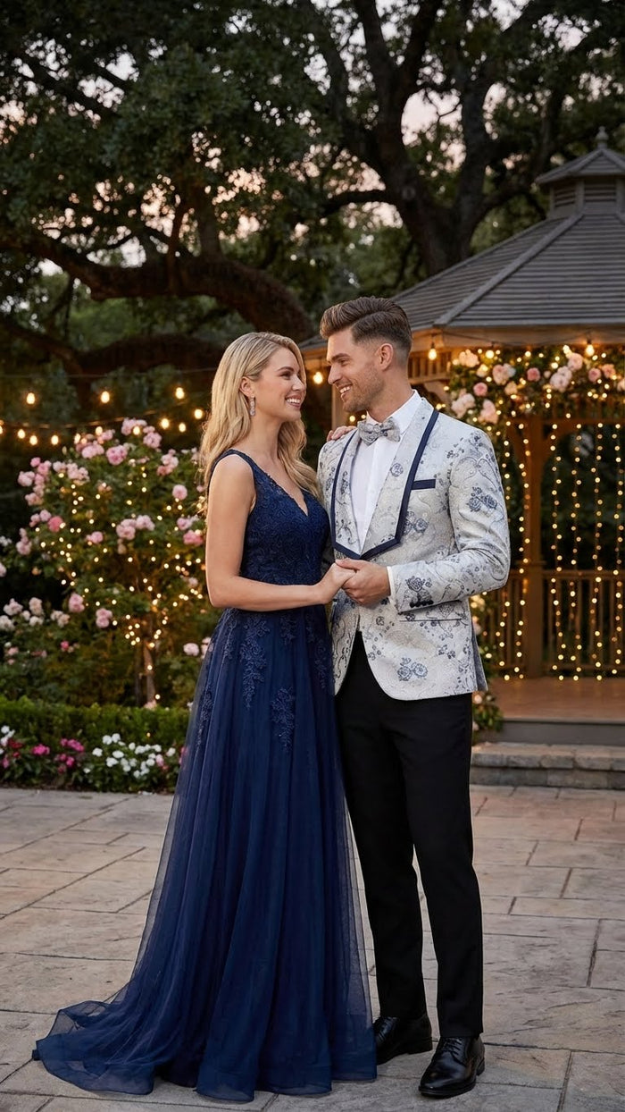 Men’s White and Navy Blue Lapel Floral Jacquard Blazer with Contrast Shawl Lapel - Luxury Wedding and Party Wear Jacket paisley Tuxedo Navy Pants by USA Men's Outlet