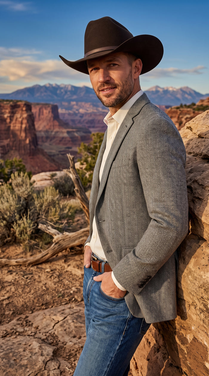 Men’s Light Grey & Black Herringbone Western Blazer – Cowboy Sport Coat Jacket