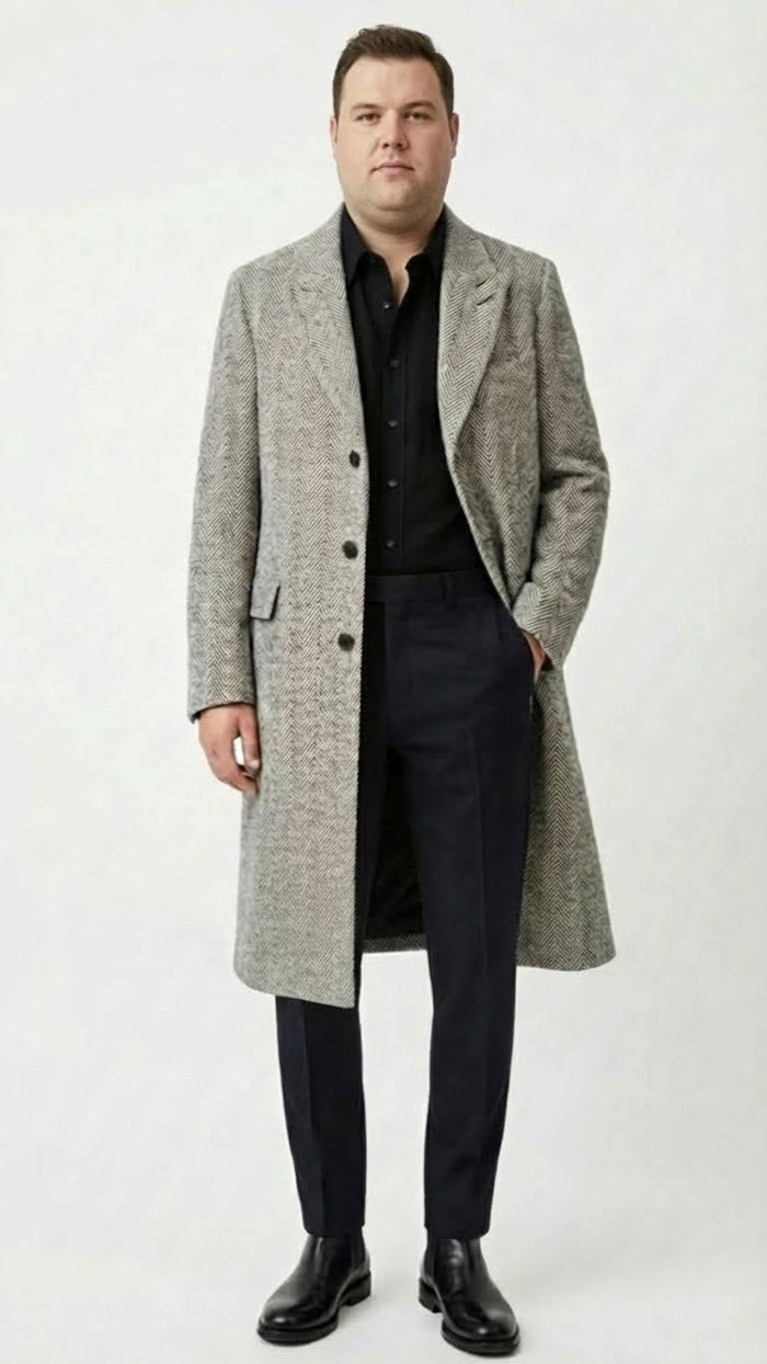 Men’s Grey Herringbone Long Overcoat - Tweed Black and White Pattern Wool Topcoat Three Qaurter USA Men's Outlet