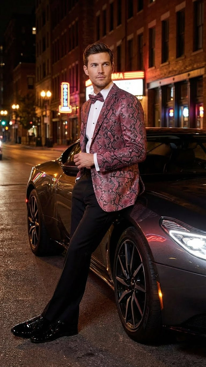 Men’s Burgundy and Black Snakeskin Print Blazer - Alligator Crocodile Sport Jacket Exotic Skin by USA Men's Outlet