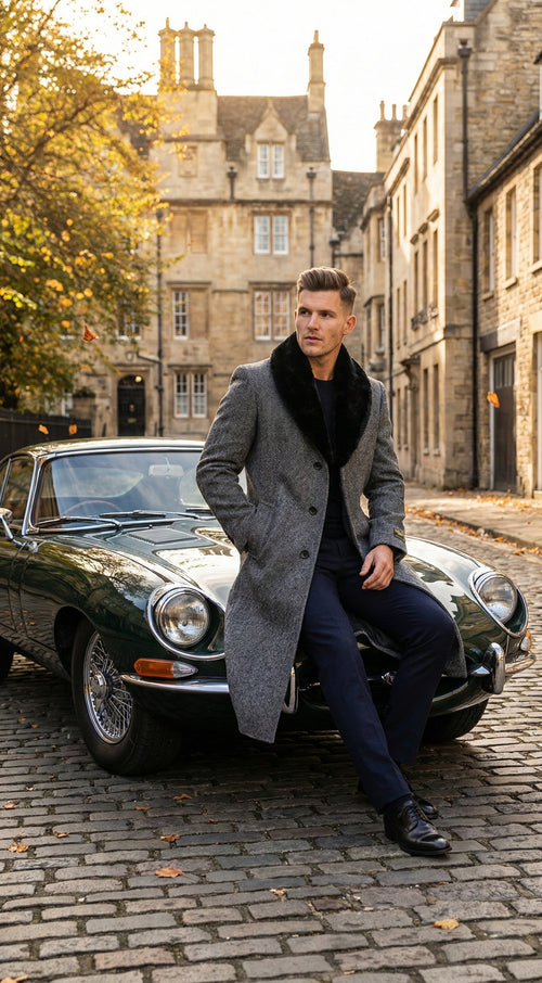 Men's Grey Herringbone Tweed Long Overcoat with Black Faux Fur Collar, Classic Winter Topcoat