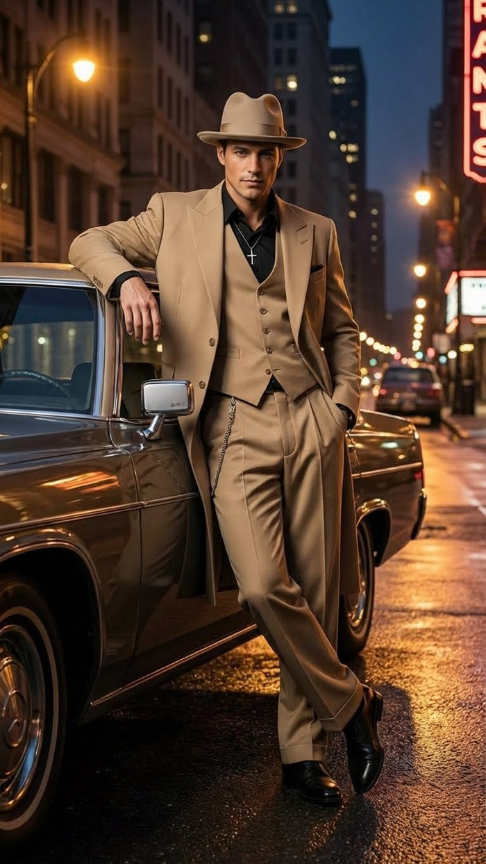 Men’s 1920s Beige Zoot Suit - Long Mafia Gangster Three-Piece Suit in Tan Khaki Color 40 inch Zuit Pachuco Suit by USA Men's Outlet