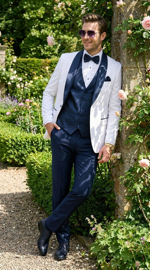 Men’s White and Navy Blue Tuxedo Wedding Suit with Blazer, Vest, Pants and Bow Tie, Formal Groom Suit