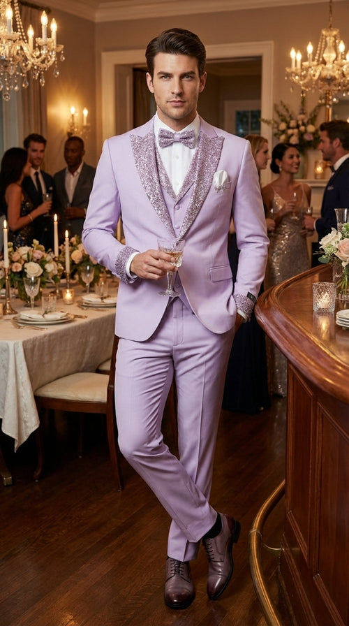 Men’s Lilac Suit with Silver Glitter Sequin Lapel – Lilac and Silver Formal Tuxedo Suit for Prom, Wedding  Lavender Tuxedo