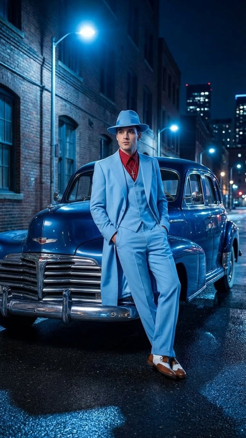 Men’s Light Blue 1920s Zoot Suit - Long Mafia Gangster Three-Piece Vintage Costume Set in Baby Powder Blue Color - Prom Wedding Suit by USA Men's Outlet