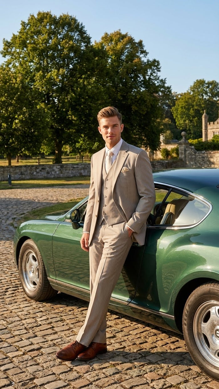 Men’s Light Tan Pinstripe 3 Piece Suit with Jacket, Vest, and Pants - Shadow Stripe Tone Tone Pleated Pants Classic by USA Men's Outlet