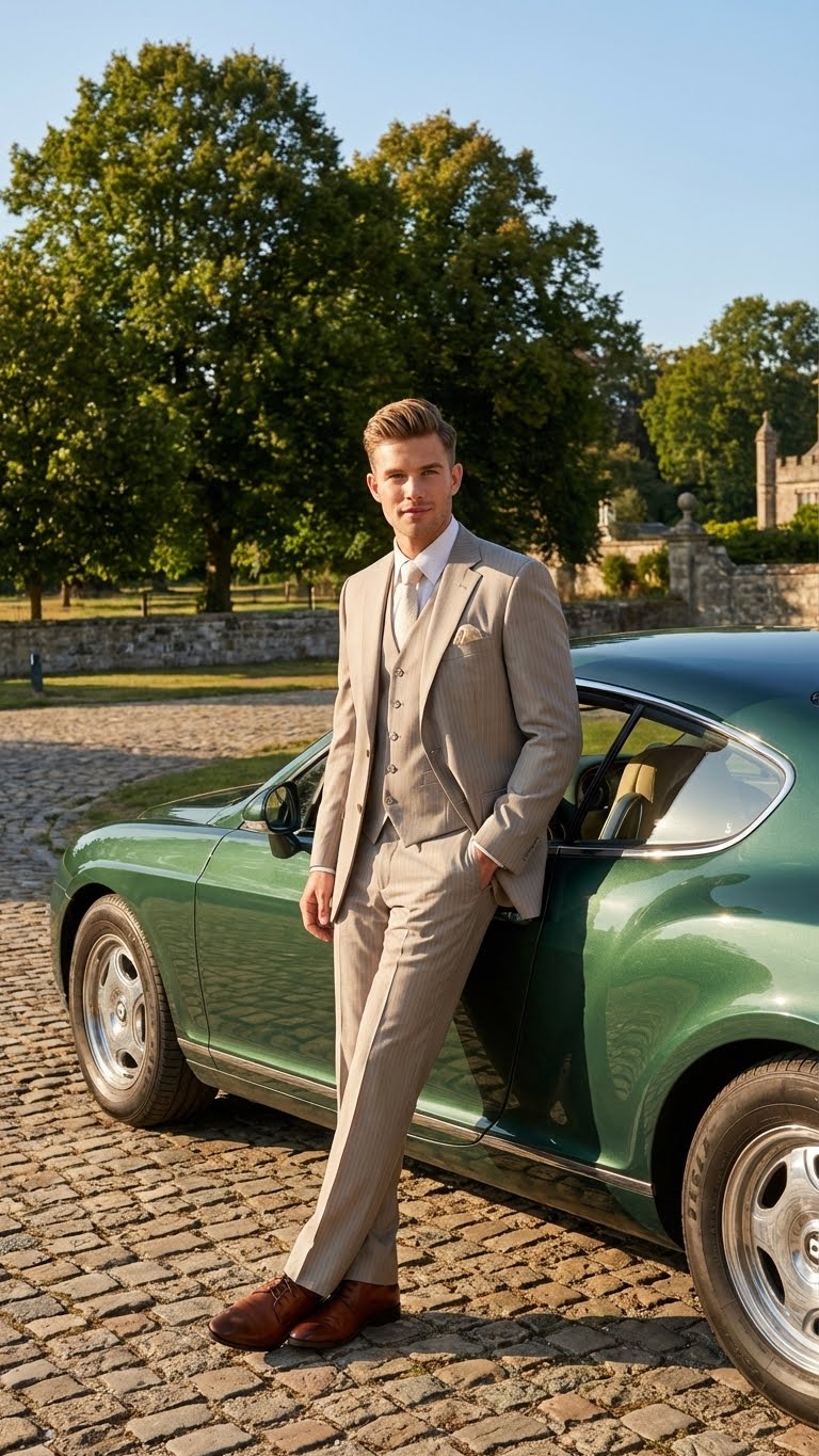 Men’s Light Tan Pinstripe 3 Piece Suit with Jacket, Vest, and Pants - Shadow Stripe Tone Tone Pleated Pants Classic by USA Men's Outlet