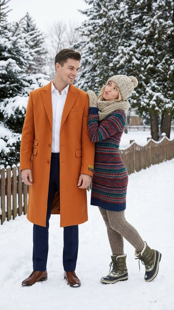 Men’s Orange - Rust Wool Blend Long Overcoat - Topcoat Carcoat Topcoat by USA Men's Outlet