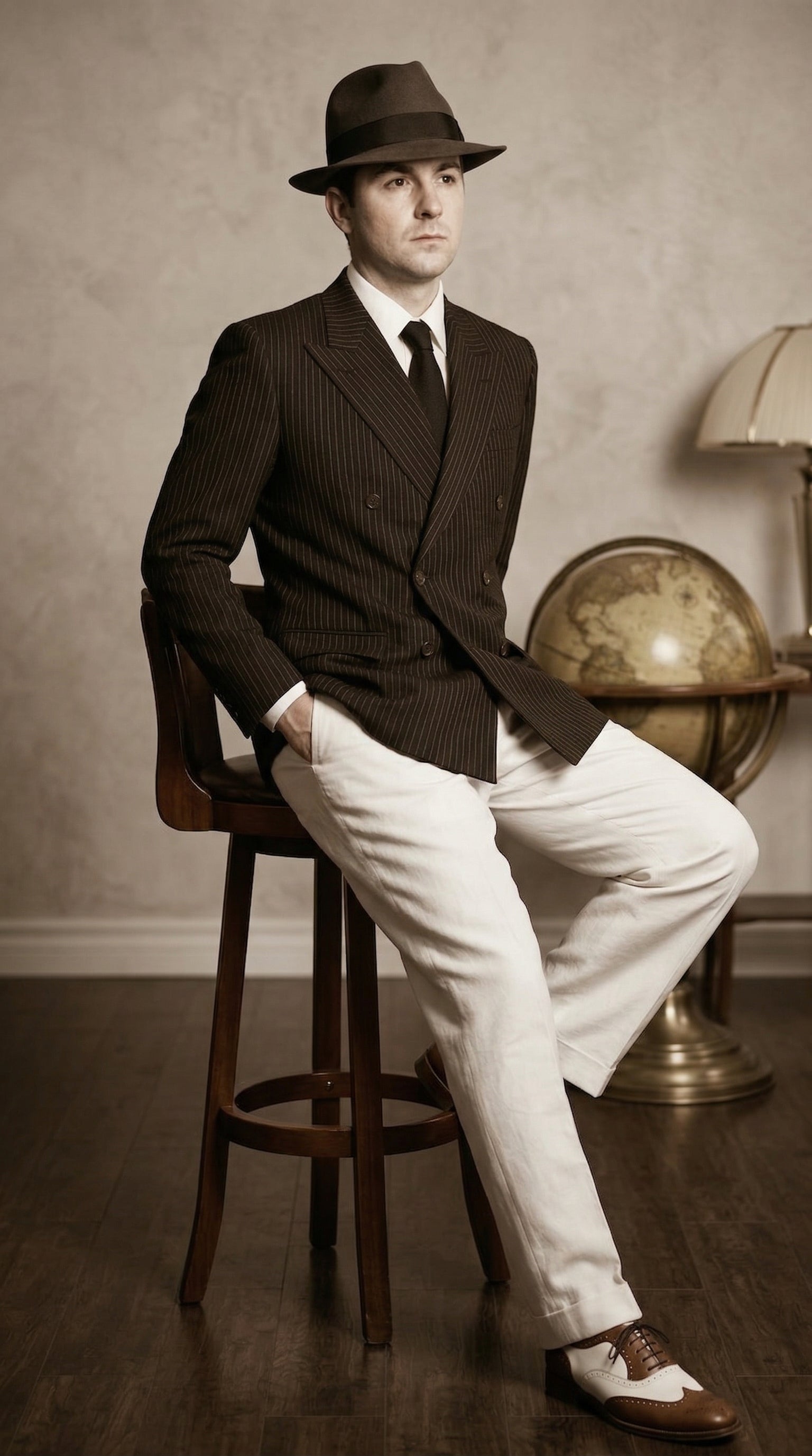 Men’s Black Pinstripe Blazer with White Pants 1920s Gangster Mob Boss Style Suit – Double Breasted Vintage Formal Jacket, Classic Party Costume Wear