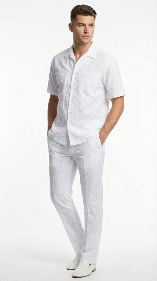 Mens White Seersucker Walking Suit Set – Casual Summer Short Sleeve Outfit with Matching Pants Lightweight Two Piece Set