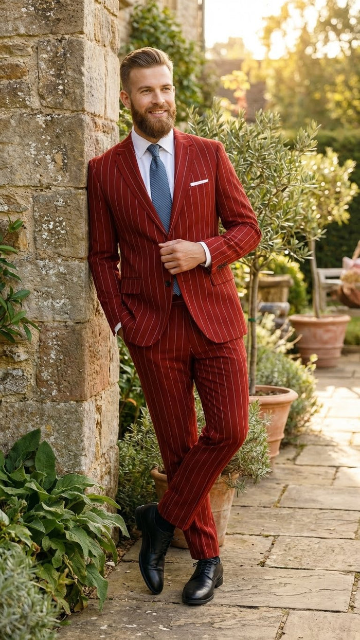 Men’s Red Pinstripe Suit - Stripe Two-Button Vested Suit 2 Buttons by USA Men's Outlet