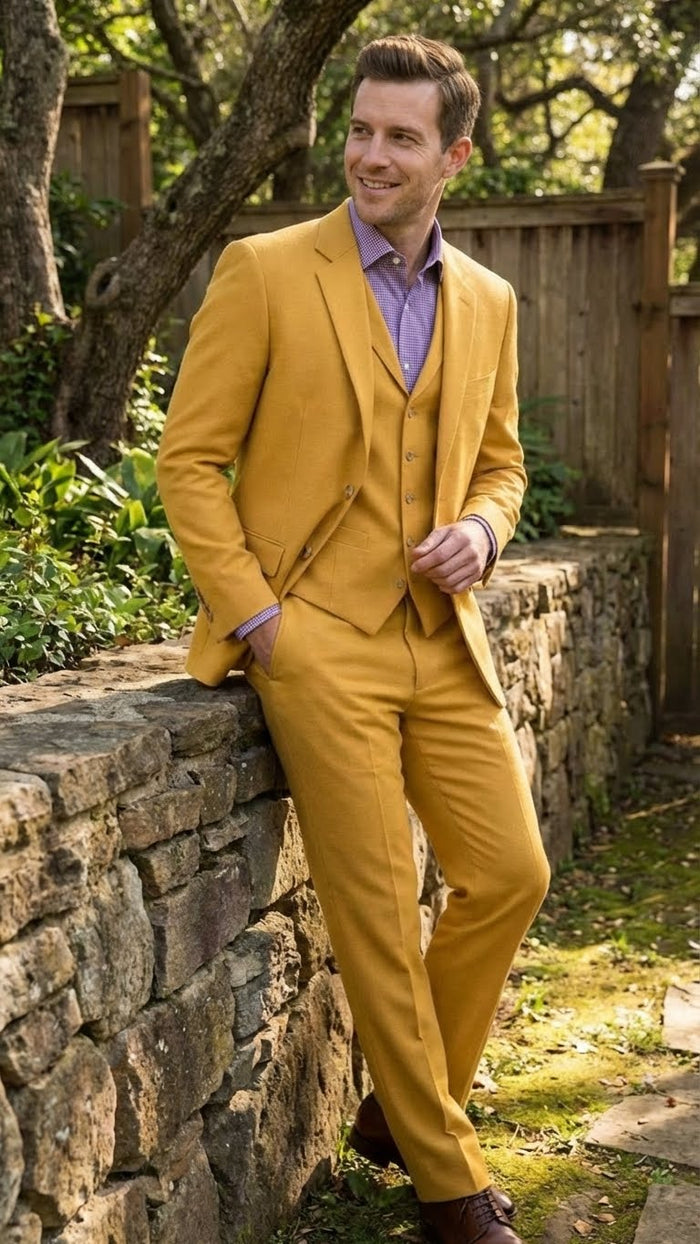 Men’s Mustard Yellow Three Piece Suit - 2 Button Notch Lapel Modern Fit in Gold Color - Church Suit by USA Men's Outlet