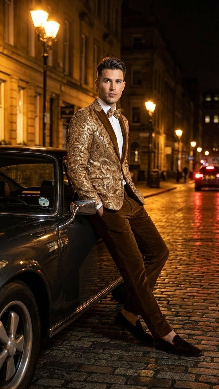 Men’s Goldish Light brown Tuxedo dinner Jacket Embroidered Blazer - Velvet Jacket for Formal Paisley Pattern Coffee Mocca Color by USA Men's Outlet