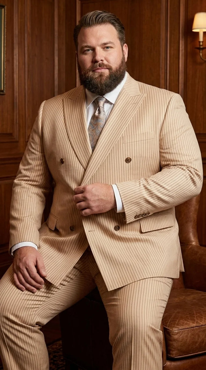 Vitali Men’s Tone on Tone Beige Pinstripe 2 Piece Suit, Double Breasted Summer Dress Suit for Weddings, Tan Beige Shadow Pinstripe