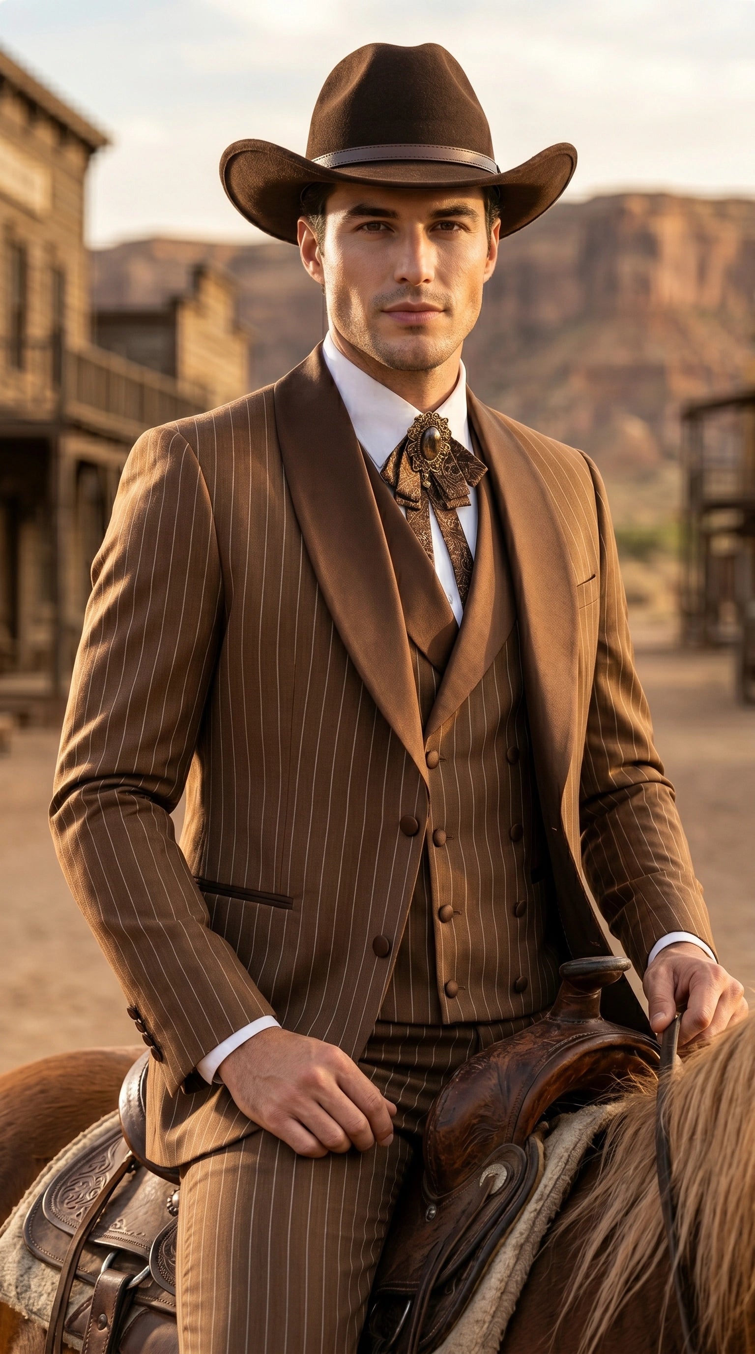 Men’s Brown Pinstripe Western Cowboy Tuxedo, Contrast Shawl Lapel Formal Suit for Weddings, Prom, Parties, and Special Occasions