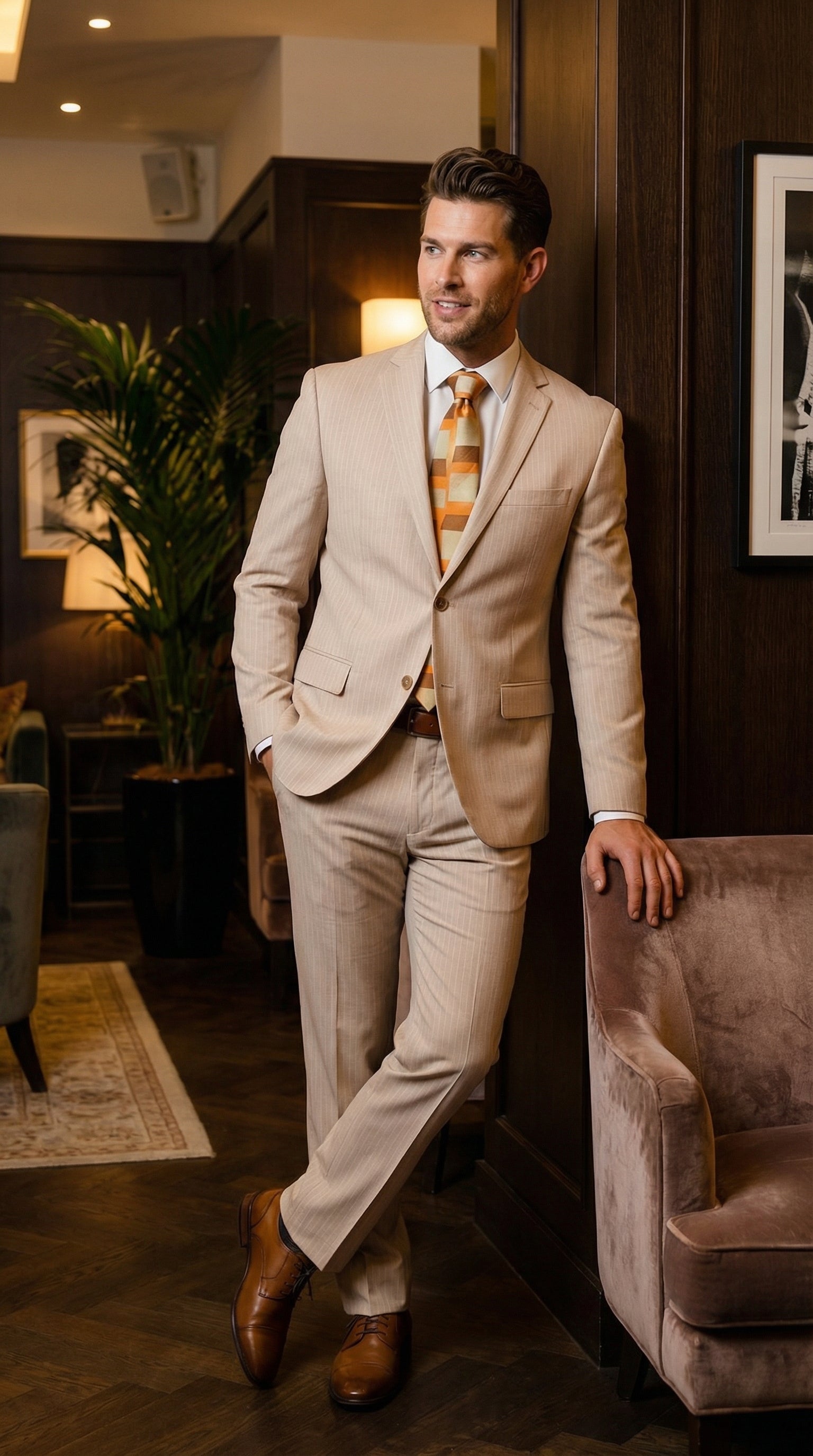Vitali Men’s Natural Beige Pinstripe Suit – Summer Tan Pinstripe  Weddings and Business Wear