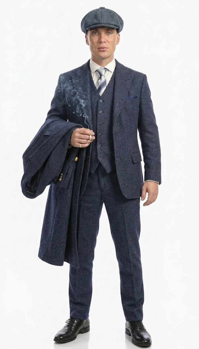 Men’s Navy Blue Herringbone Tweed  1920s 3 Piece Suit with Overcoat – Vintage Peaky Blinder Style Formal Suit Set with Blazer, Waistcoat + Overcoat + Hat