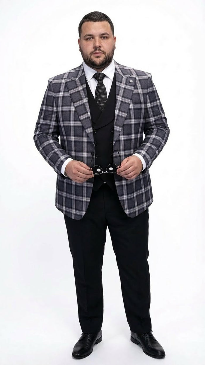 Men’s Big and Tall Charcoal Gray and Black Plaid Blazer - Grey Checker Windowpane Sport Coat by USA Men's Outlet