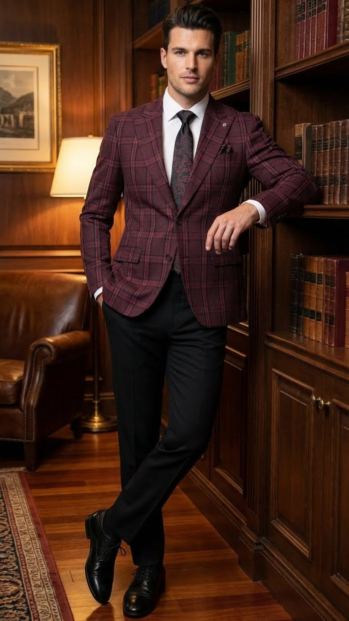 Men’s Burgundy Check Blazer - Windowpane Plaid blazer in Maroon Wine Color USA Men's Outlet