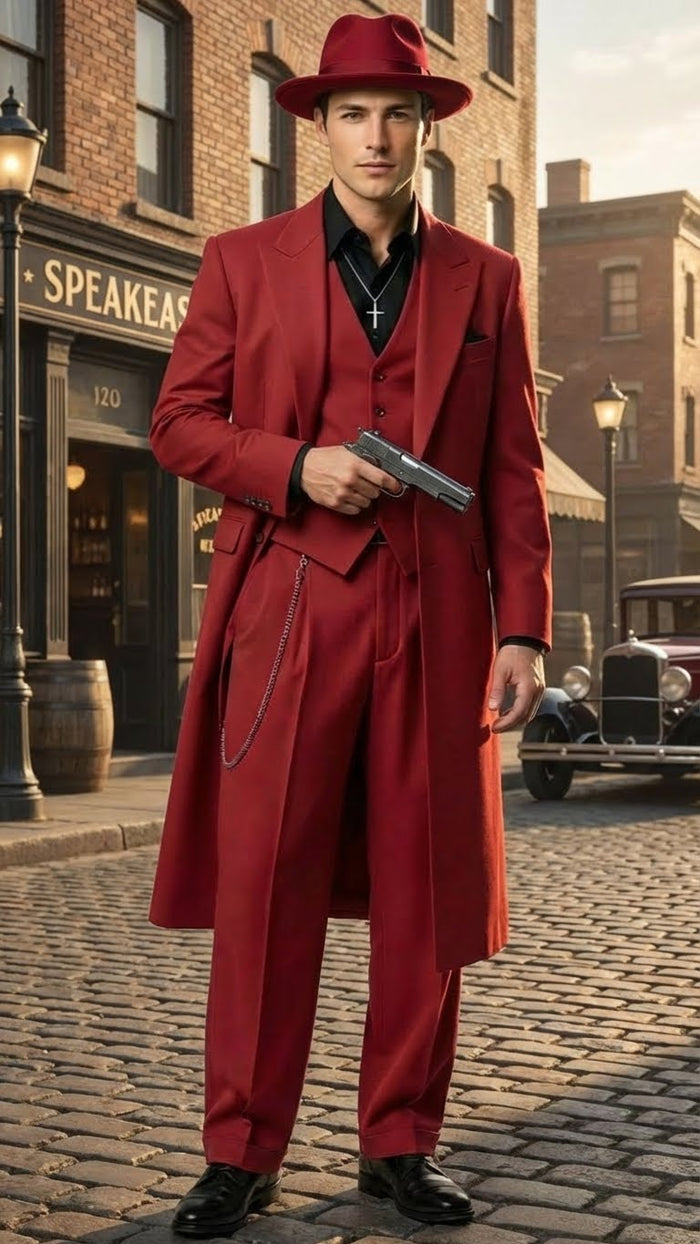 Men’s 1920s Red Zoot Suit - Long Mafia Gangster Three-Piece Vintage Outfit Zuit Pachuco Style by USA Men's Outlet