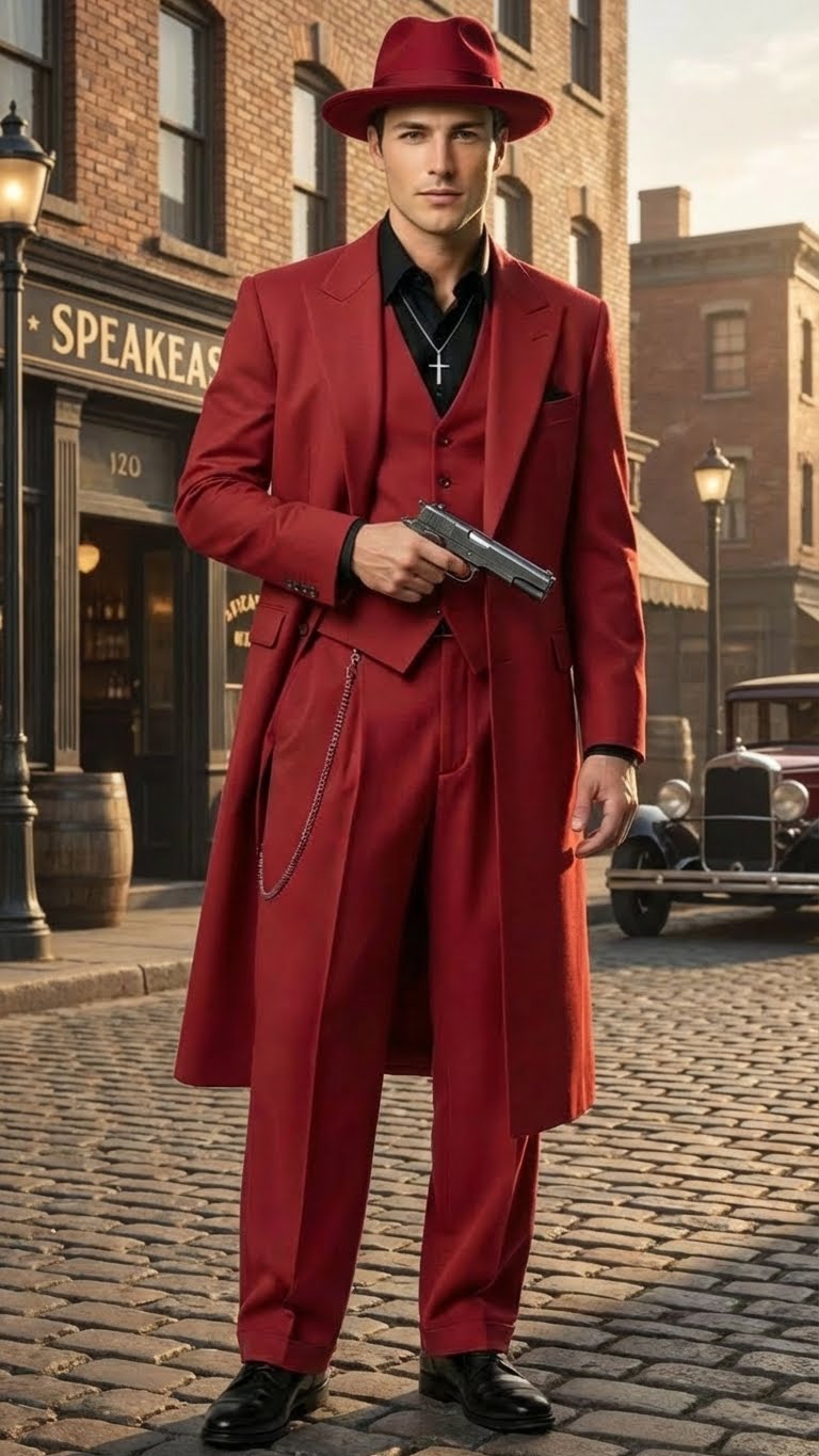 Men’s 1920s Red Zoot Suit - Long Mafia Gangster Three-Piece Vintage Outfit Zuit Pachuco Style by USA Men's Outlet