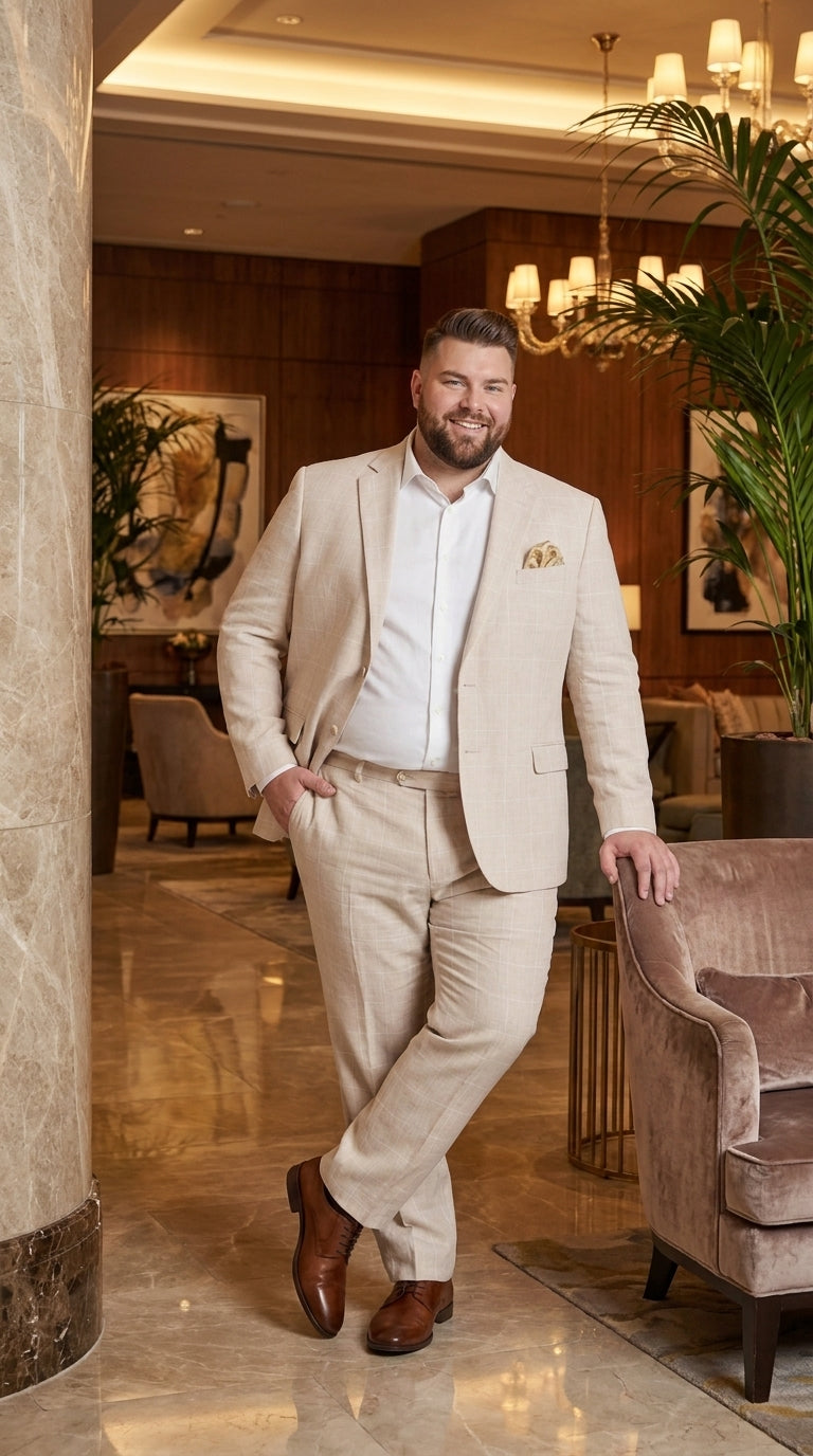 Men’s Big and Tall Beige Linen Suit – Summer Wedding and Formal 2-Piece Suit