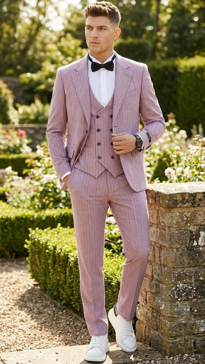 Men’s Dusty Rose Pink Pinstripe Three Piece Suit with Vest - Wedding and Party Formal Wear Prom or Church Suit by USA Men's Outlet