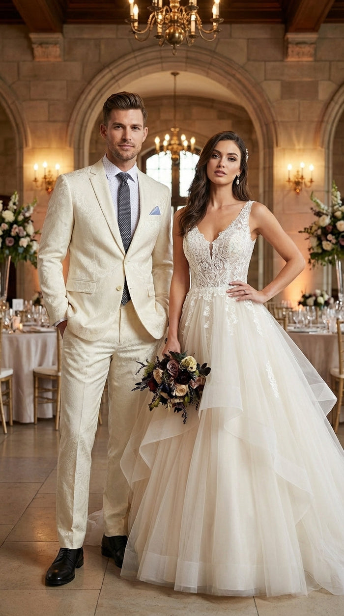 Men’s Ivory Paisley Shiny Suit – Flroal Formal Wedding and Prom Suit for Party, in Cream Off White