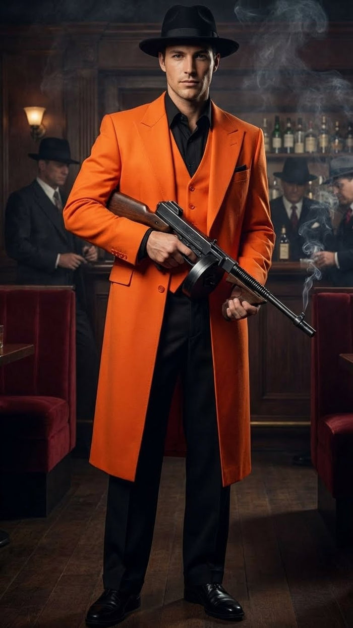 Men’s halloween Costume Orange Long Zoot Suit Set With Black Shirt and Black Pants included by USA Men's Outlet