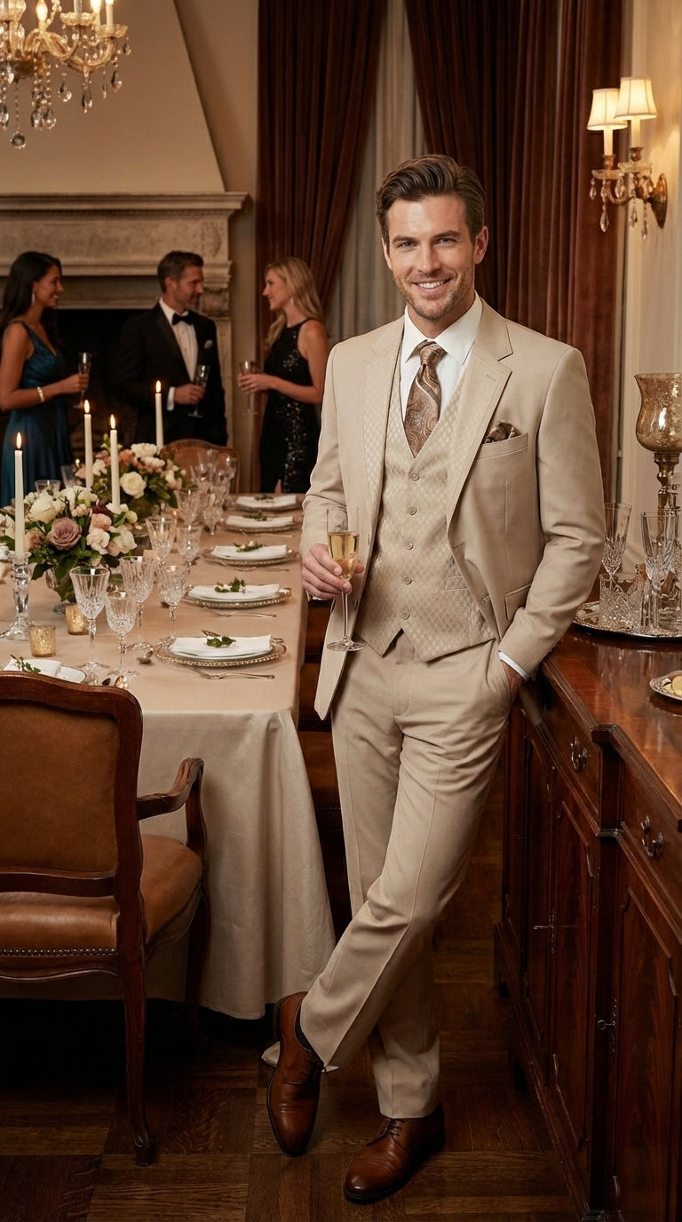 Men’s Tan Beige 3 Piece Tuxedo Suit – Beige Formal Suit Set with Vest, Patterned Lapel and Tie for Wedding, Prom in Tan Khaki Color