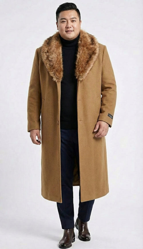 Men's Camel Brown Long Overcoat with Faux Fur Collar, Classic Winter Topcoat for Formal and Business Wear