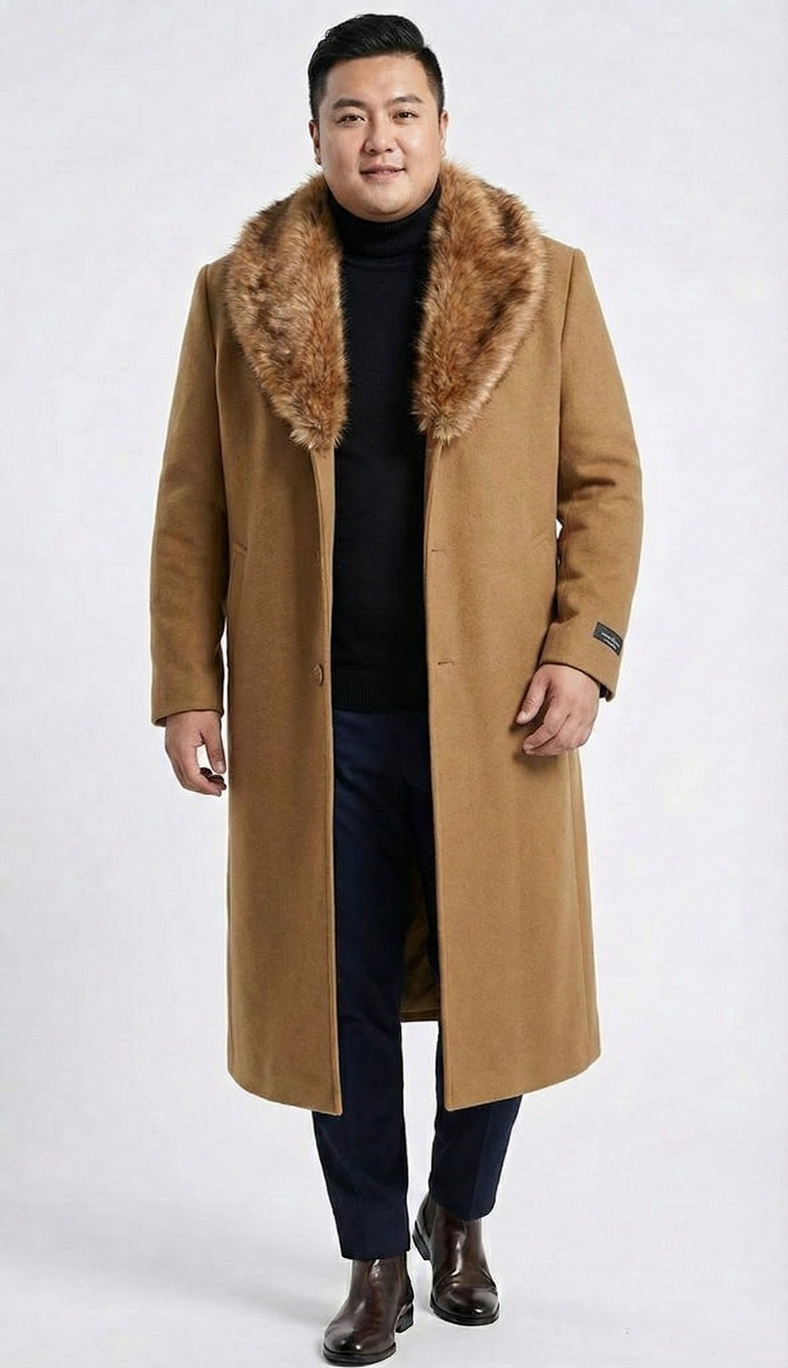 Men's Camel Brown Long Overcoat with Faux Fur Collar, Classic Winter Topcoat for Formal and Business Wear