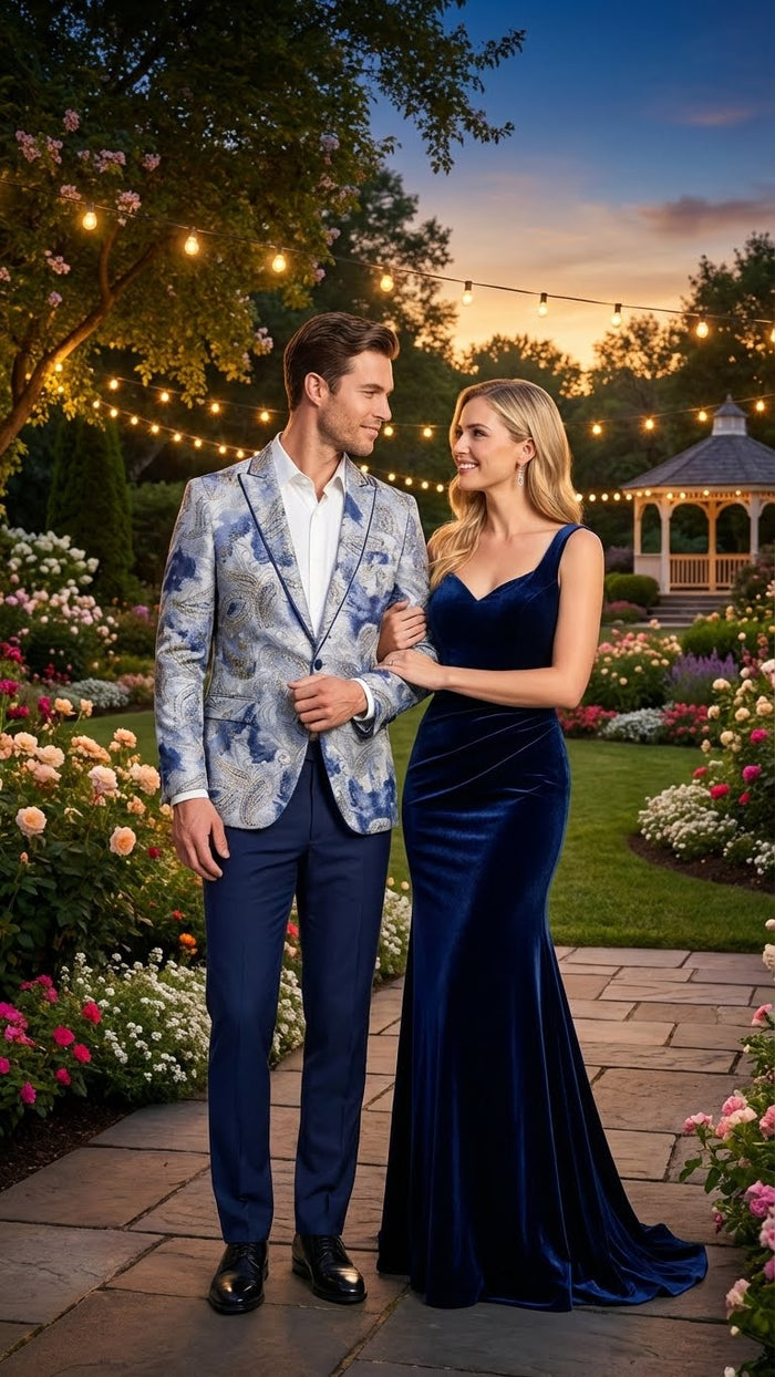 Men’s Navy Blue and Gray Paisley Print Blazer - Prom Jacket for Formal, Party, and Evening Wear by USA Men's Outlet