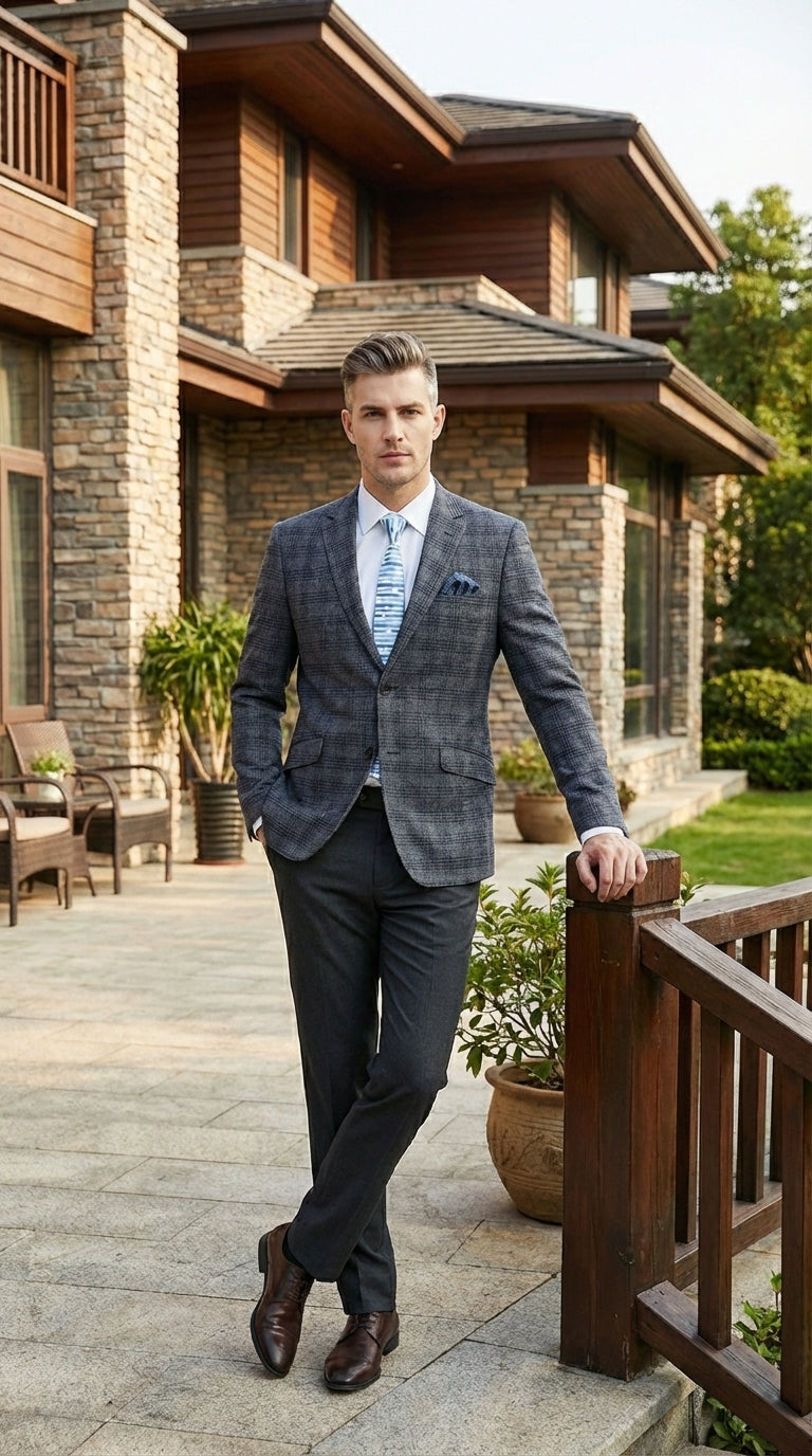 Mens Charcoal Gray with Blue Plaid Pattern Blazer Jacket – Classic Check Pattern Sport Coat for Business, Office, and Smart Casual Wear