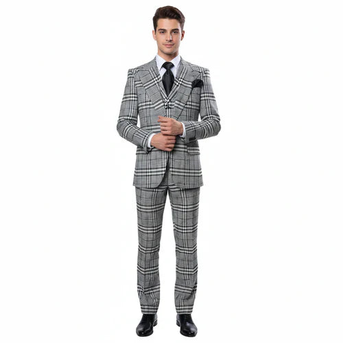 Suits With Baggy Pleated Pants - Wide Leg Pants 100% Wool - Classic Fit in One Button 3 Piece Suit by Rossiman by USA Men's Outlet