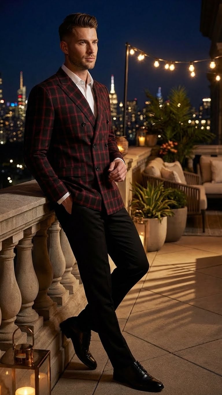 Men’s Black and Red Check Double Breasted Blazer - Sport Coat Jacket Windowpane Sportcoat Slim Fit by USA Men's Outlet