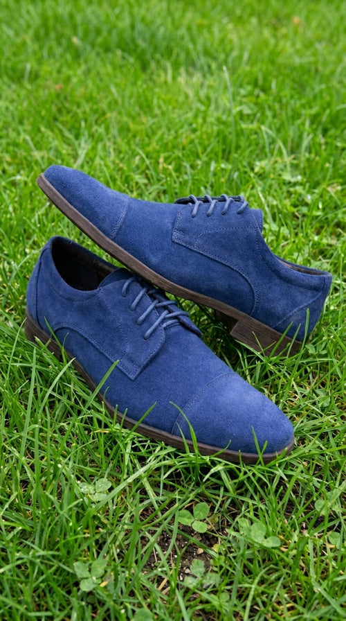 Men’s Navy Blue Suede Cap Toe Dress Shoes – Classic Lace Up Formal Wedding and Prom Shoes Velvet Fabric