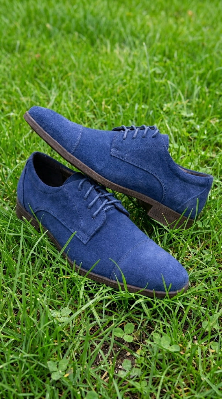 Men’s Navy Blue Suede Cap Toe Dress Shoes – Classic Lace Up Formal Wedding and Prom Shoes Velvet Fabric