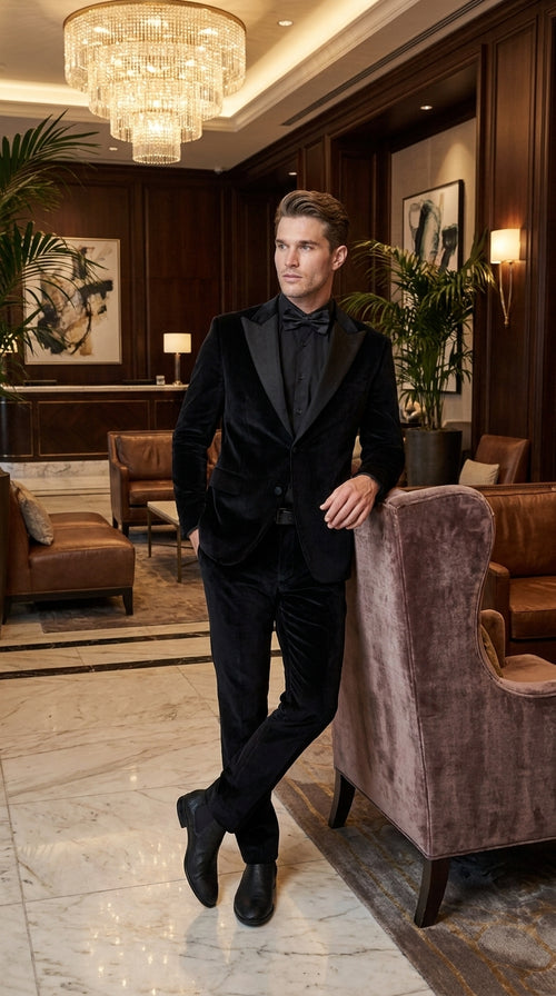 Men’s Black Velvet Tuxedo Suit – Peak Lapel Wedding, Prom and Formal Evening Velvet Pants