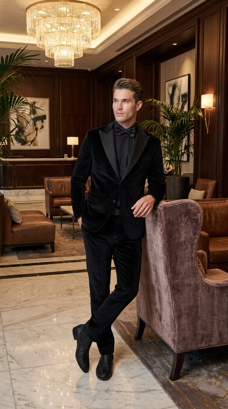 Men’s Black Velvet Tuxedo Suit – Peak Lapel Wedding, Prom and Formal Evening Velvet Pants
