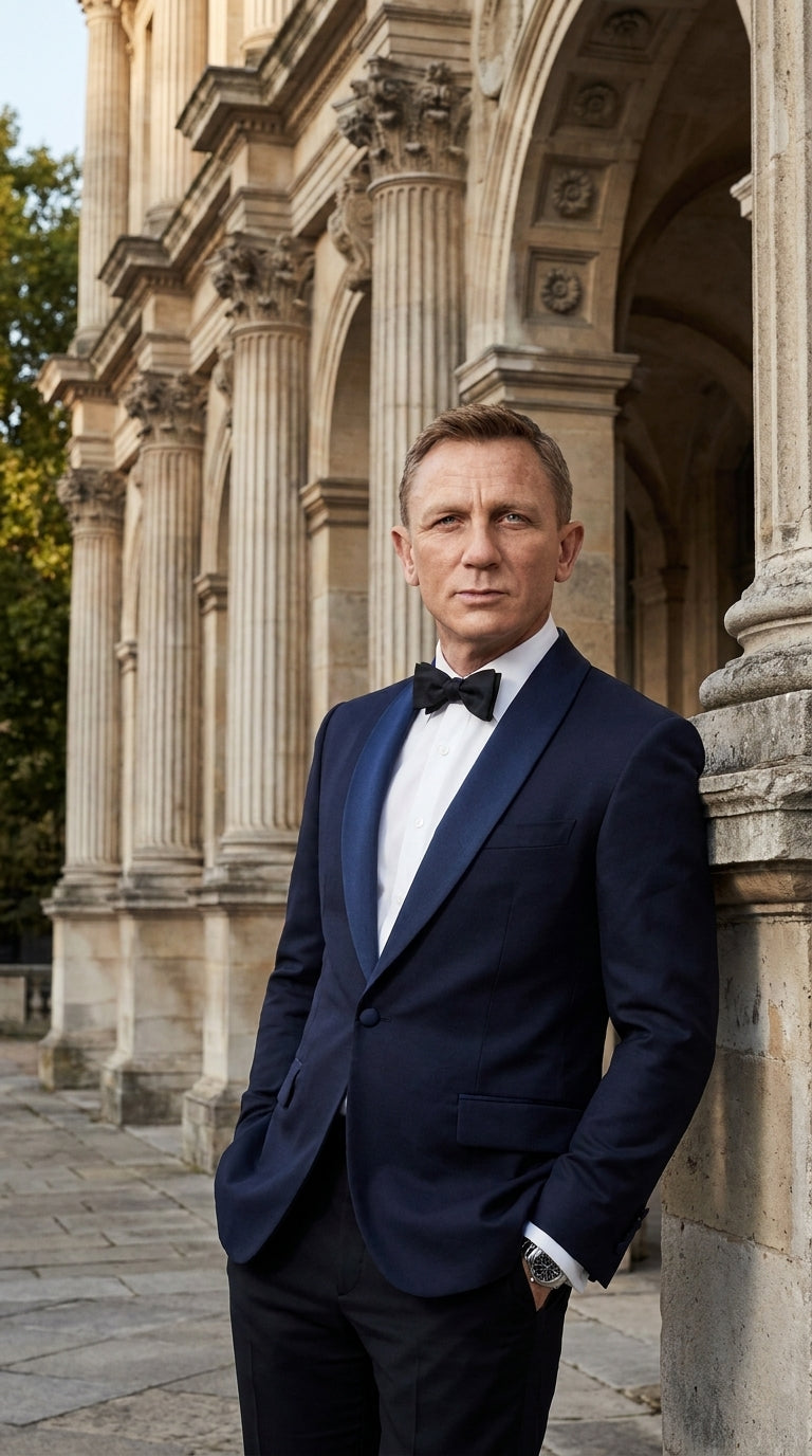 Men’s Navy James Bond Tuxedo Dinner Jacket – Satin Shawl Lapel Wedding, Prom and Black-Tie Blazer