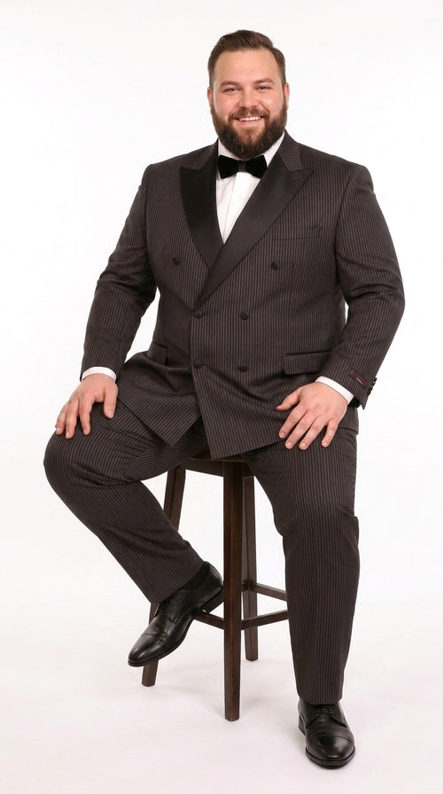 Men’s Black Shadow Pinstripe Double-Breasted Tuxedo Tone on Tone Formal Wedding  Suit Modern Fit 1920s Style