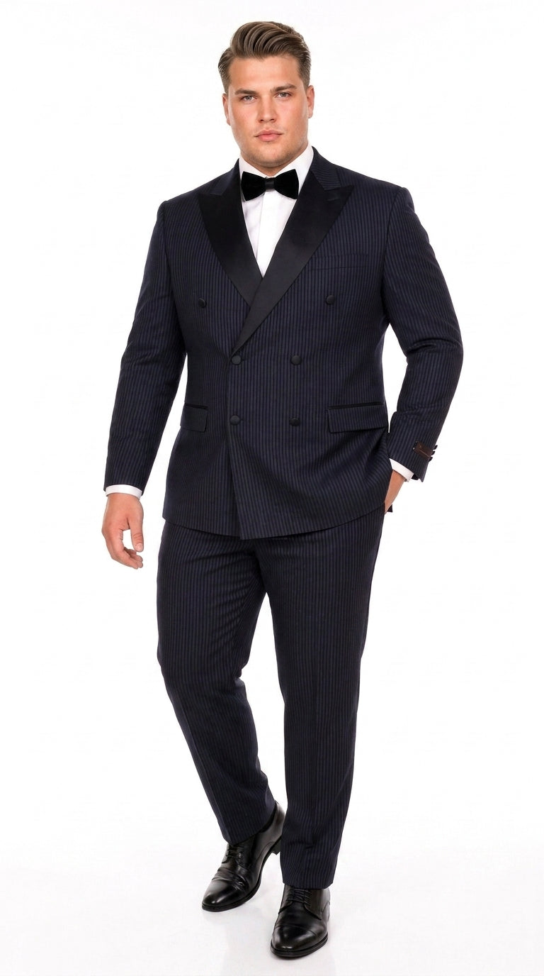 Men’s Navy Blue Double-Breasted Tuxedo – Tone-on-Tone Shadow Pinstripe Formal Wedding and Prom Suit