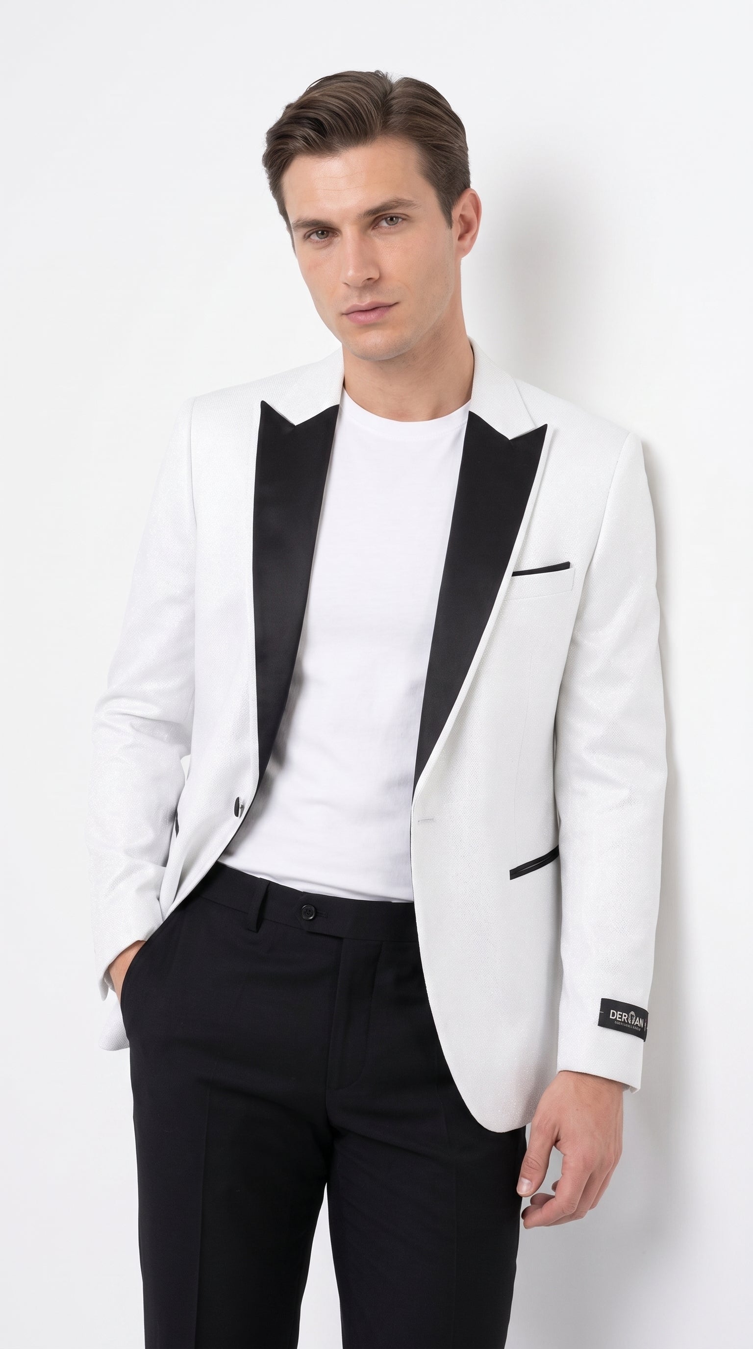 Men's White Sparkle Dinner Jacket – Black Satin Shawl Lapel Tuxedo Blazer   Slim Fit Sequin Shiny Prom Jacket