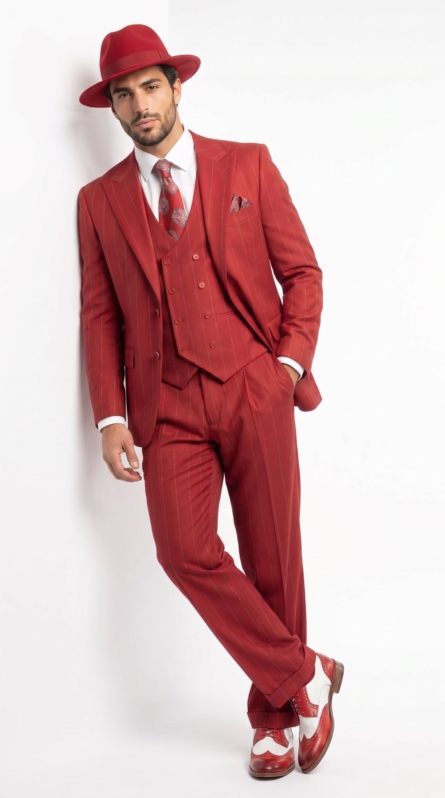 Men’s Red & White Pinstripe 3-Piece Suit by Mazari – Peak Lapel Classic Fit Gangster Suit with Pleated Pants