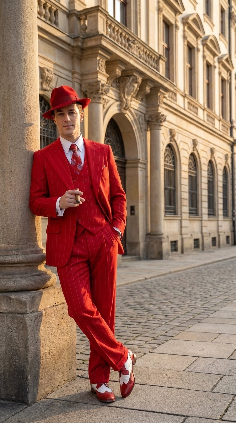 1920s Christmas Holiday Gangster Men’s Red Pinstripe 3-Piece Suit – Peak Lapel Classic Fit Pleated Pants
