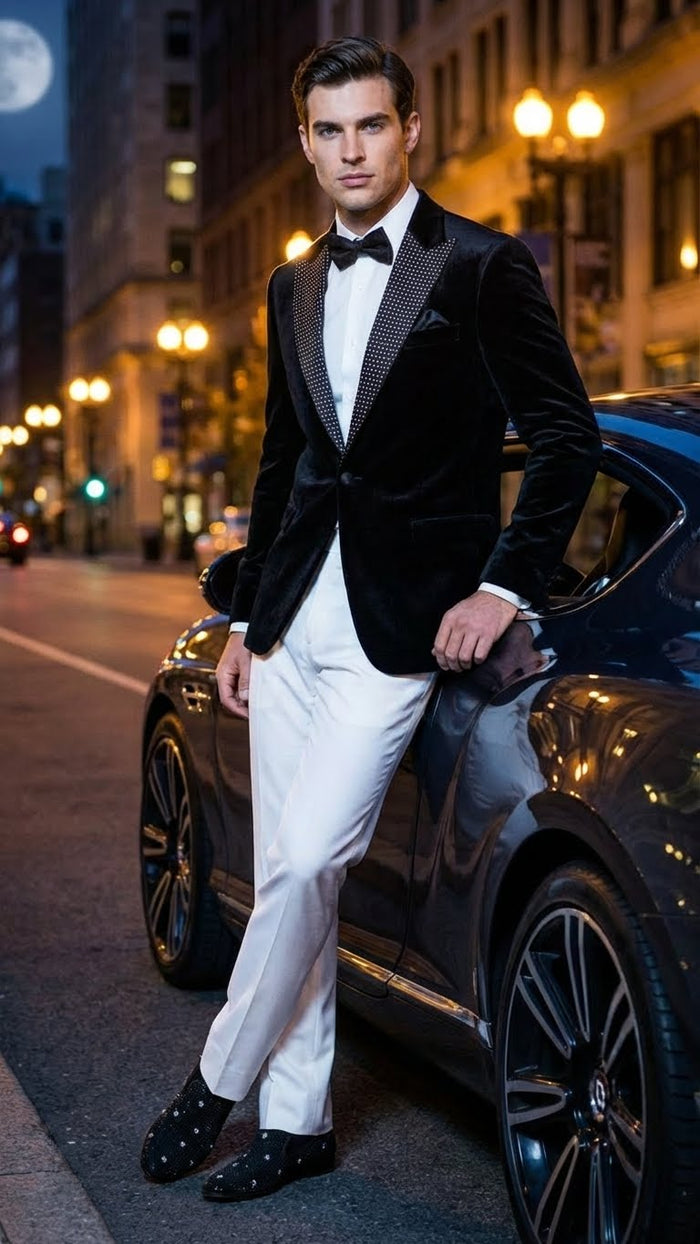 Men’s Black Velvet Tuxedo Blazer with Studded Lapel - Formal Evening Jacket by USA Men's Outlet